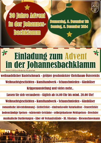 Advent in der Johannesbachklamm Donnerstag, 5. bis Sonntag 8. Dezember 2024